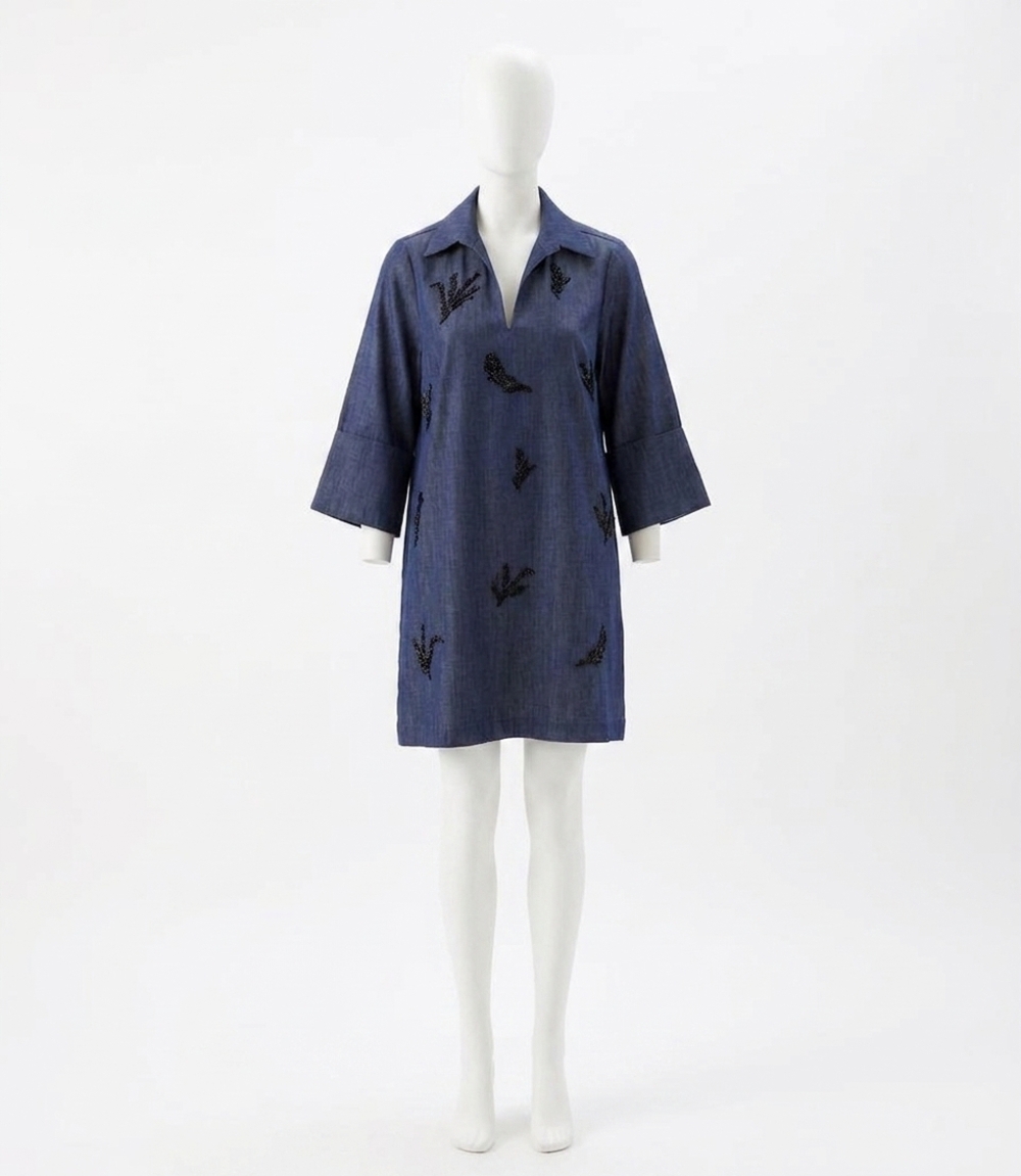 NEW KAREN KANE embellished cuffed sleeve dress in indigo